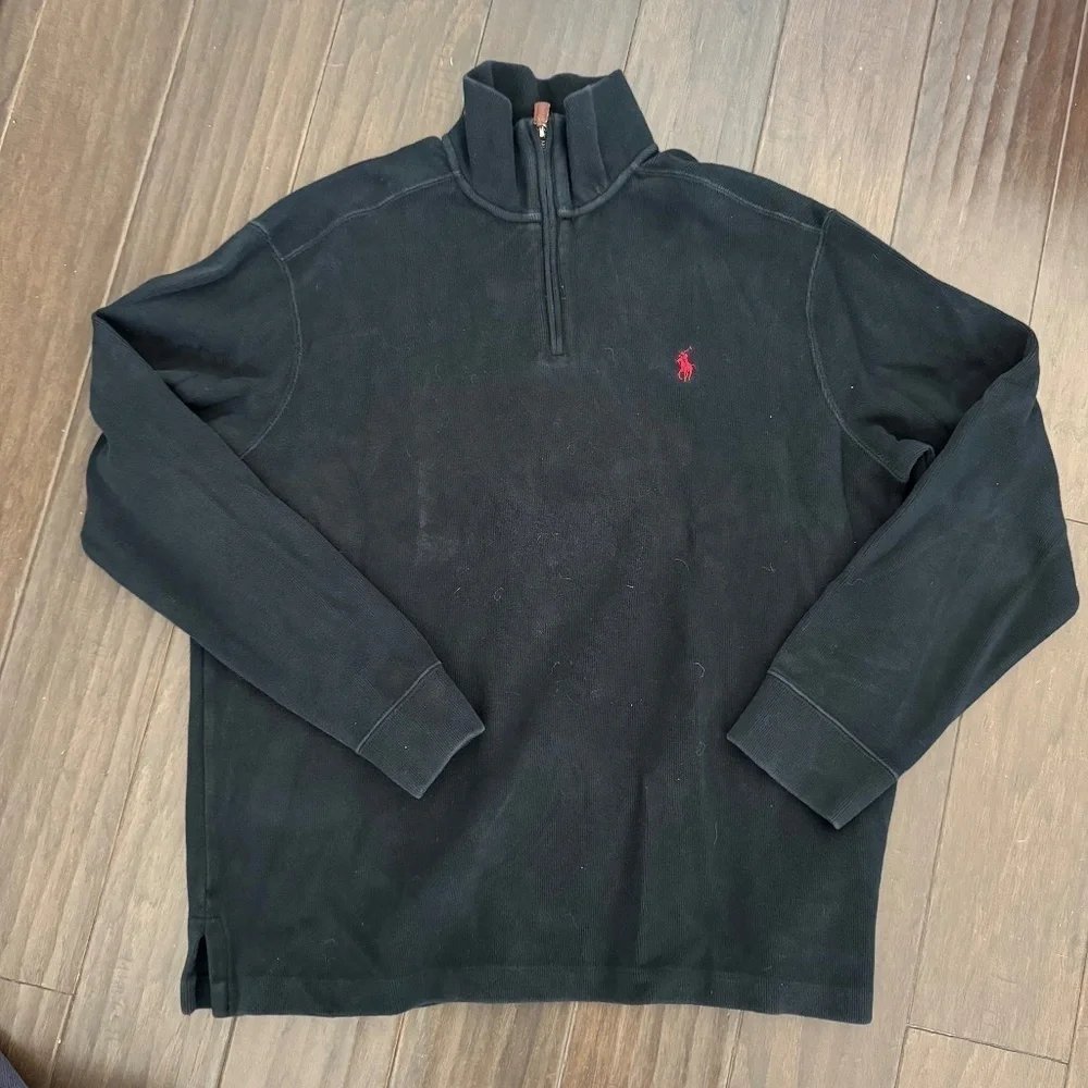 Polo Ralph Lauren Black Knit Quarter Zip 90s 100% Cotton Size Large